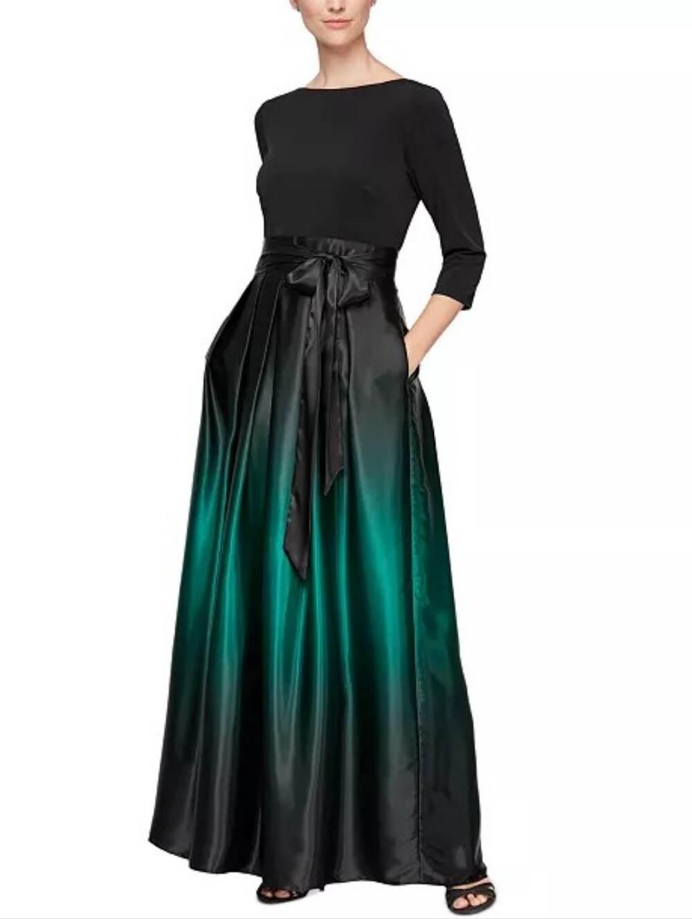 SLNY Black to Emerald Green Ombre Satin Maxi Skirt with Sash Pockets Size 14
